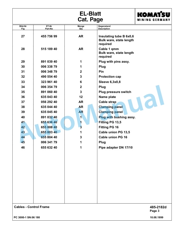 Komatsu PC3000-1 Hydraulic Mining Excavator Parts Manual G06180-4