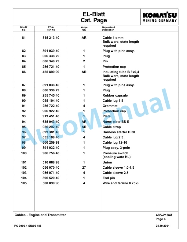 Komatsu PC3000-1 Hydraulic Mining Excavator Parts Manual G06185-4