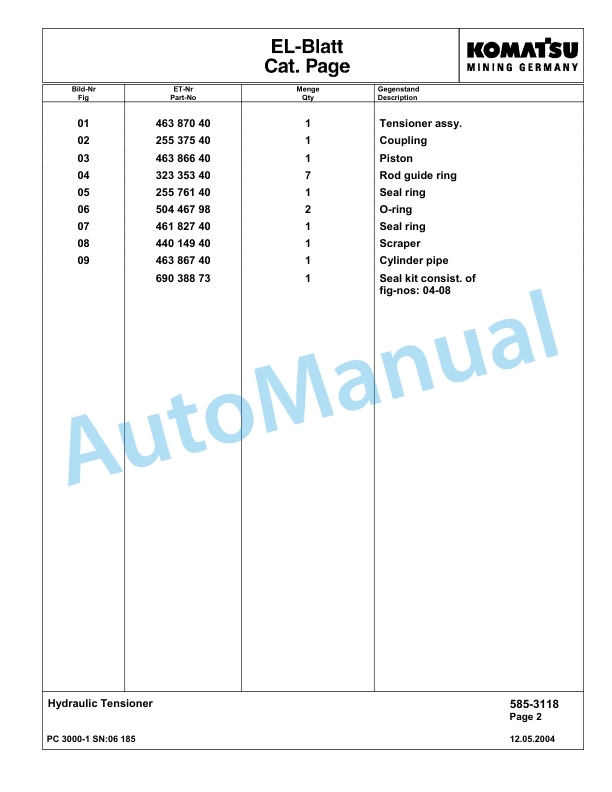 Komatsu PC3000-1 Hydraulic Mining Excavator Parts Manual G06185-5