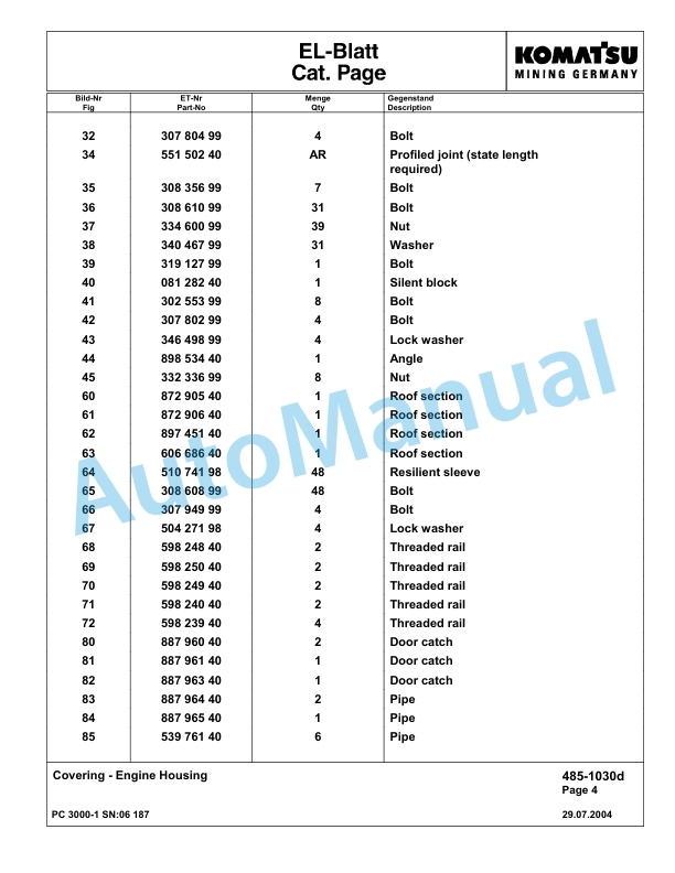 Komatsu PC3000-1 Hydraulic Mining Excavator Parts Manual G06187-2