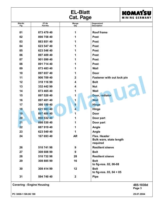 Komatsu PC3000-1 Hydraulic Mining Excavator Parts Manual G06190-2