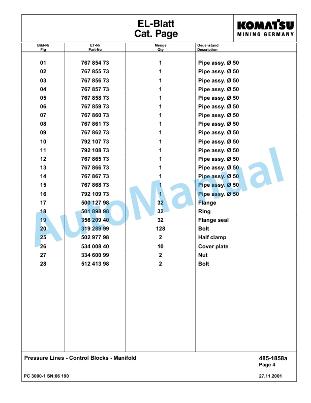 Komatsu PC3000-1 Hydraulic Mining Excavator Parts Manual G06190-3