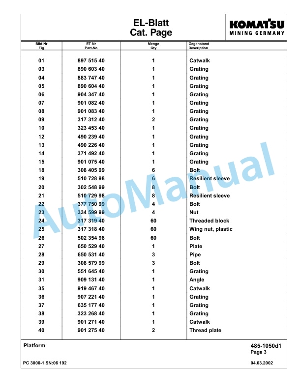 Komatsu PC3000-1 Hydraulic Mining Excavator Parts Manual G06192-2