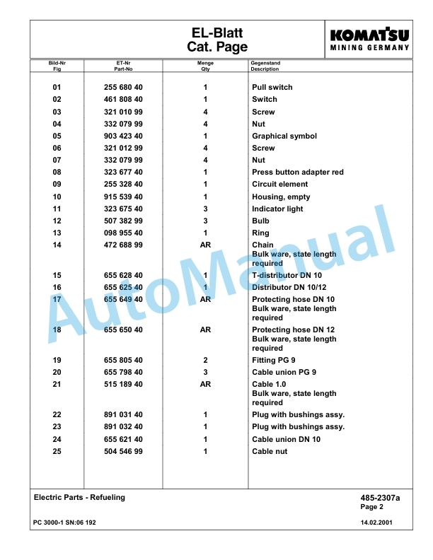 Komatsu PC3000-1 Hydraulic Mining Excavator Parts Manual G06192-4