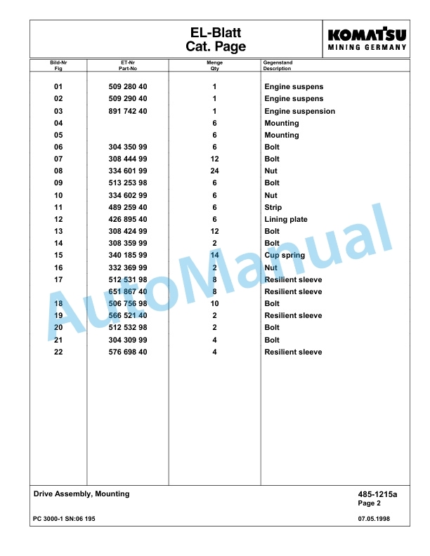 Komatsu PC3000-1 Hydraulic Mining Excavator Parts Manual G06195-2
