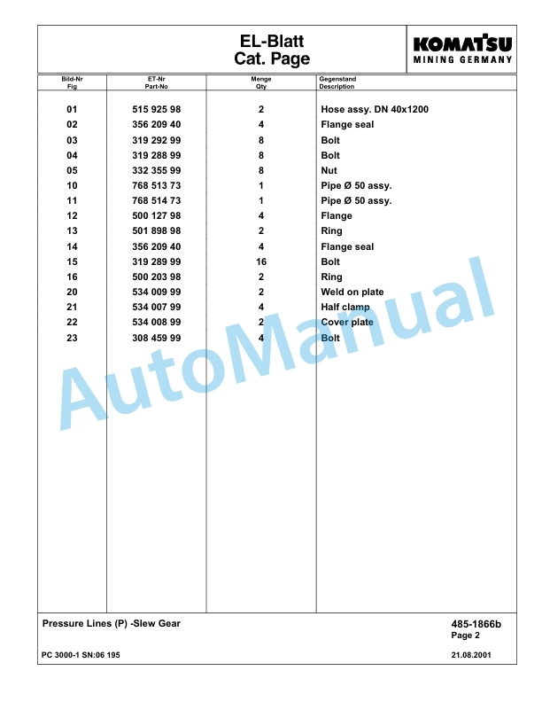 Komatsu PC3000-1 Hydraulic Mining Excavator Parts Manual G06195-3
