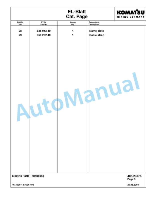 Komatsu PC3000-1 Hydraulic Mining Excavator Parts Manual G06198-4