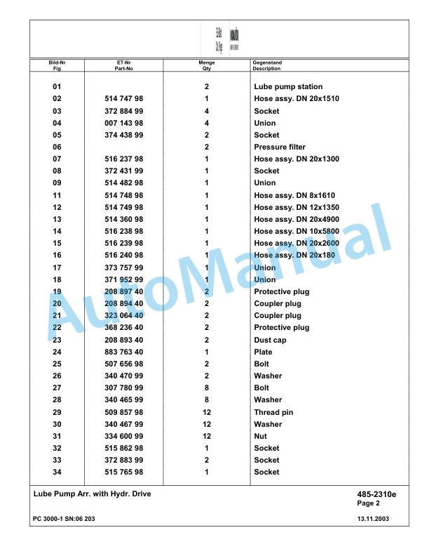Komatsu PC3000-1 Hydraulic Mining Excavator Parts Manual G06203-4