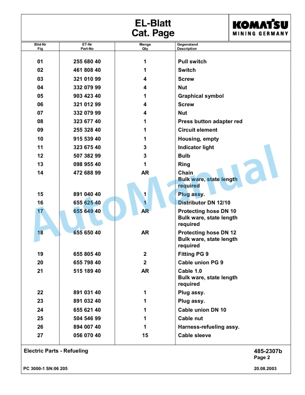 Komatsu PC3000-1 Hydraulic Mining Excavator Parts Manual G06205-4