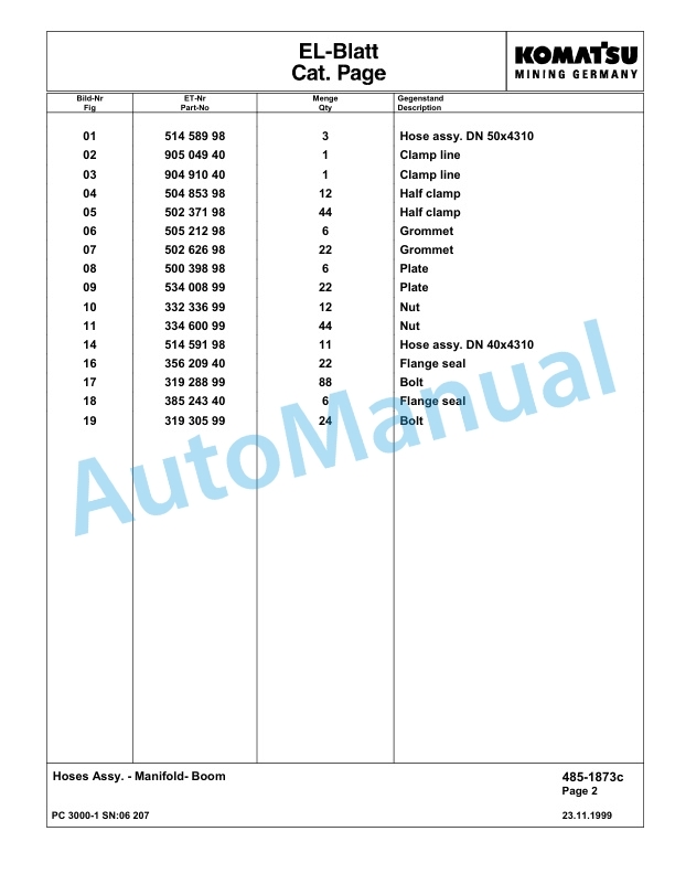 Komatsu PC3000-1 Hydraulic Mining Excavator Parts Manual G06207-3