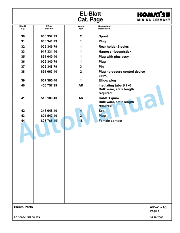 Komatsu PC3000-1 Hydraulic Mining Excavator Parts Manual G06209-4