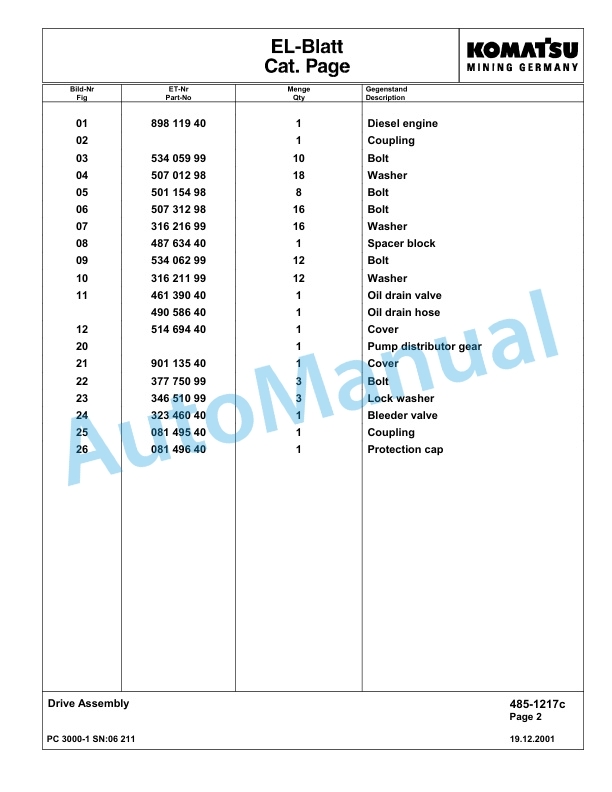 Komatsu PC3000-1 Hydraulic Mining Excavator Parts Manual G06211-2