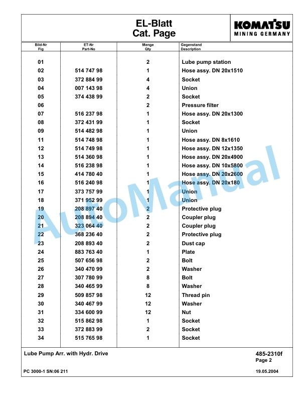 Komatsu PC3000-1 Hydraulic Mining Excavator Parts Manual G06211-4