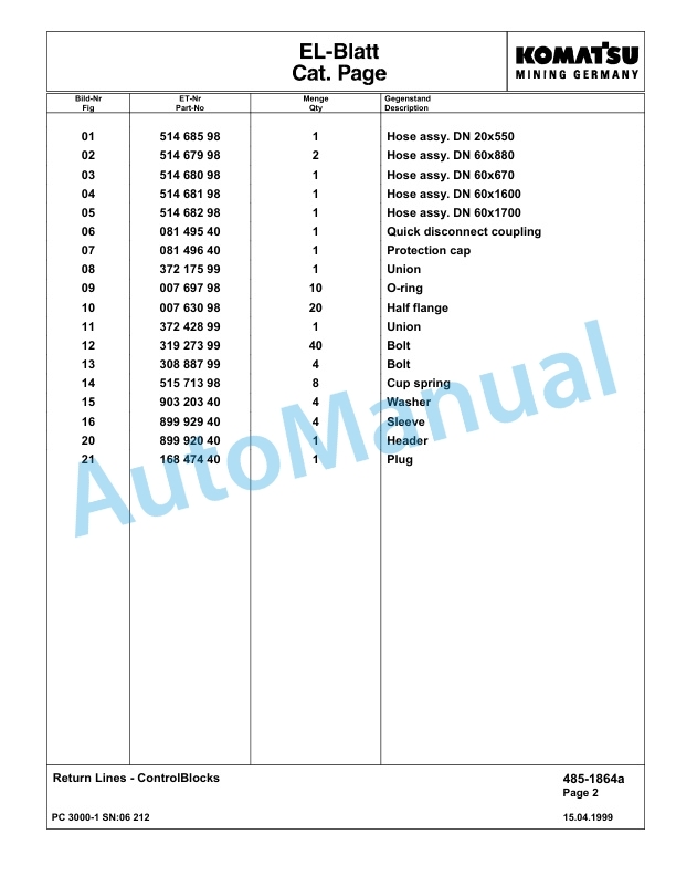 Komatsu PC3000-1 Hydraulic Mining Excavator Parts Manual G06212-3