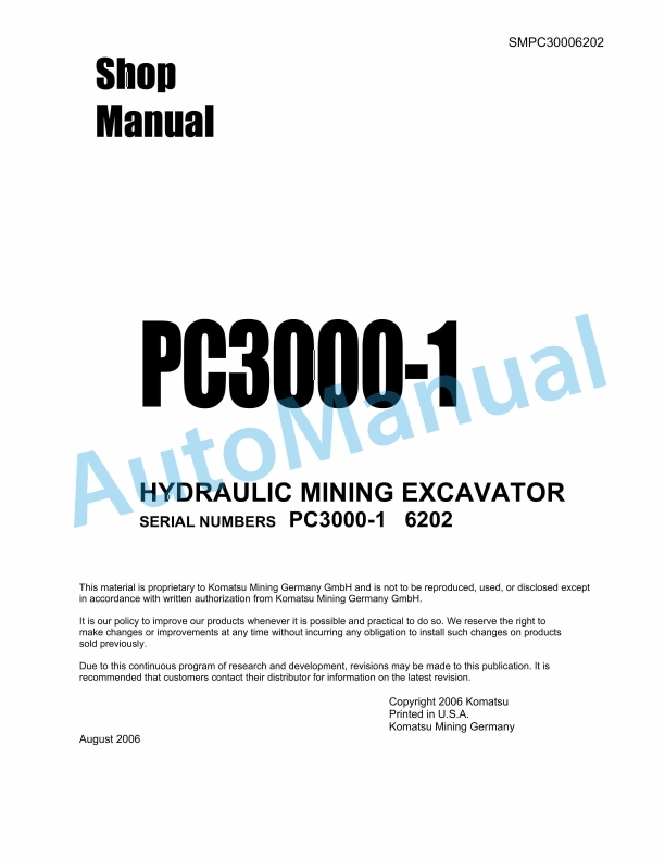 Komatsu PC3000-1 Hydraulic Mining Excavator Shop Manual SMPC30006202