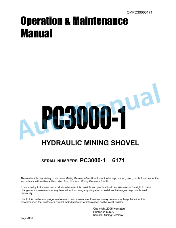 Komatsu PC3000-1 Hydraulic Mining Shovel Operation and Maintenance Manual OMPC30006171
