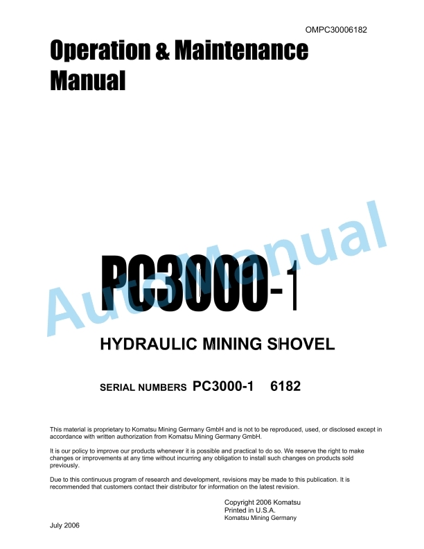 Komatsu PC3000-1 Hydraulic Mining Shovel Operation and Maintenance Manual OMPC30006182