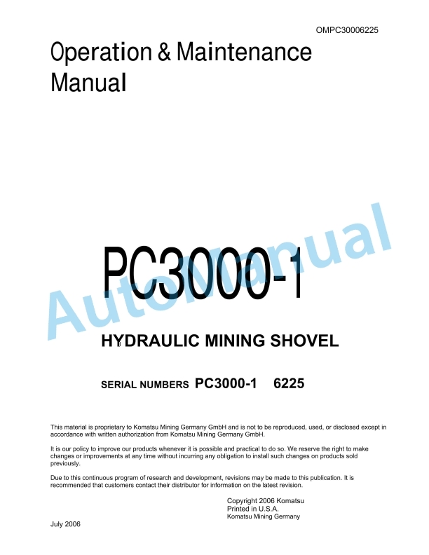 Komatsu PC3000-1 Hydraulic Mining Shovel Operation and Maintenance Manual OMPC30006225