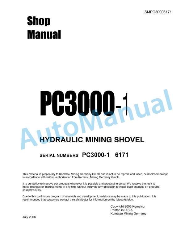 Komatsu PC3000-1 Hydraulic Mining Shovel Shop Manual SMPC30006171