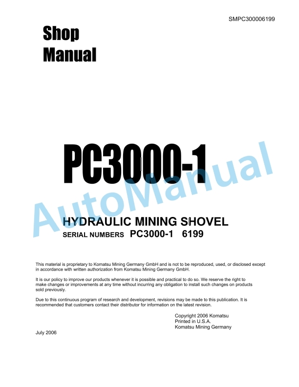 Komatsu PC3000-1 Hydraulic Mining Shovel Shop Manual SMPC30006199