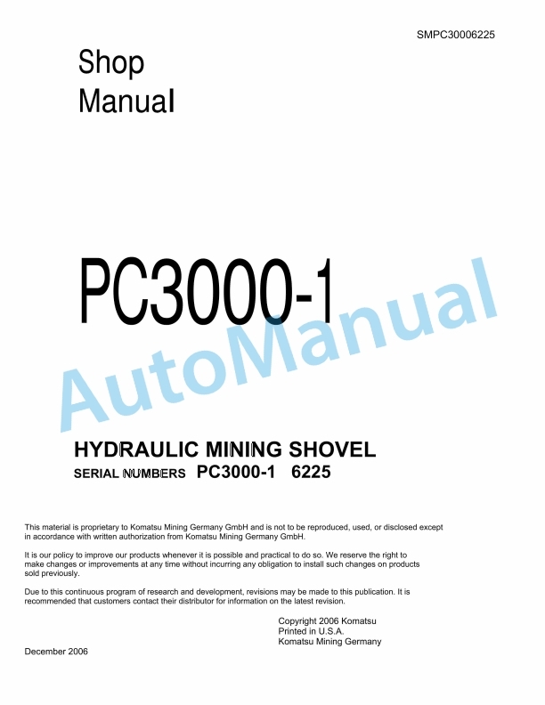 Komatsu PC3000-1 Hydraulic Mining Shovel Shop Manual SMPC30006225