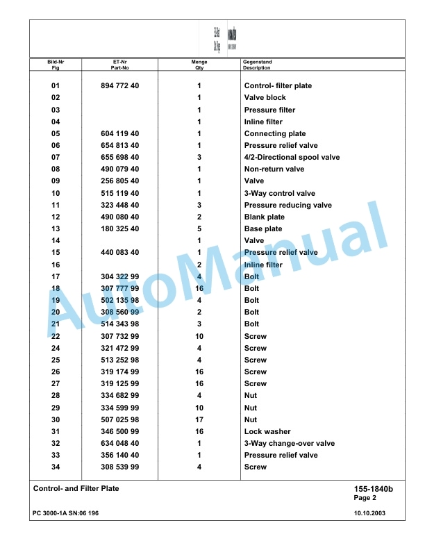 Komatsu PC3000-1A Hydraulic Mining Excavator Parts Manual G06196-2