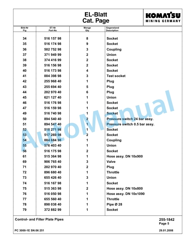 Komatsu PC3000-1E Hydraulic Mining Excavator Parts Manual G06251-2