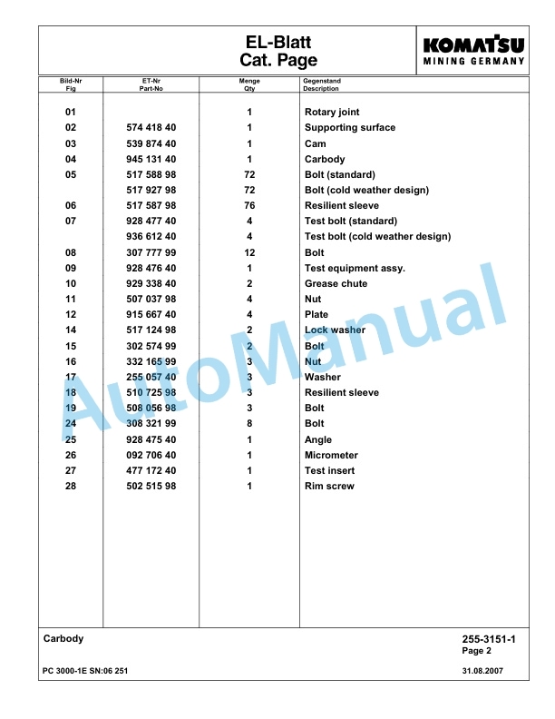 Komatsu PC3000-1E Hydraulic Mining Excavator Parts Manual G06251-3
