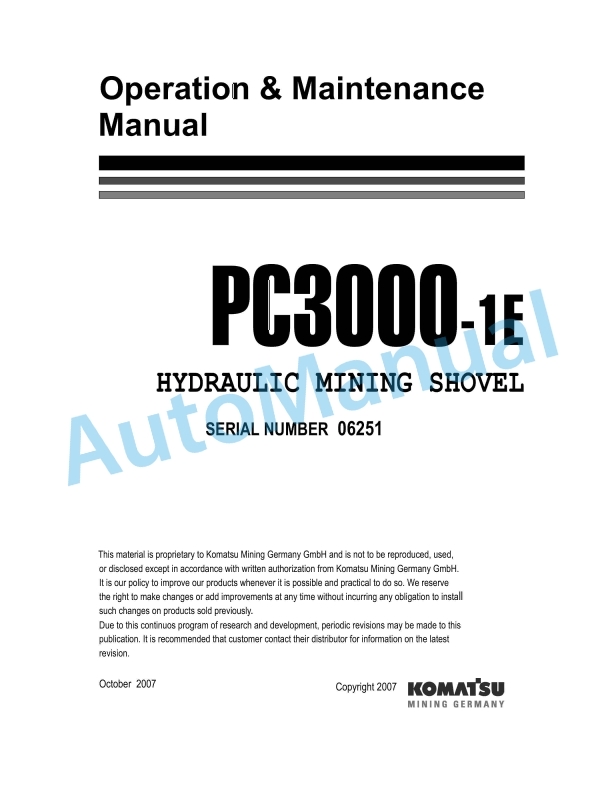 Komatsu PC3000-1E Hydraulic Mining Shovel Operation and Maintenance Manual GZEAM06251
