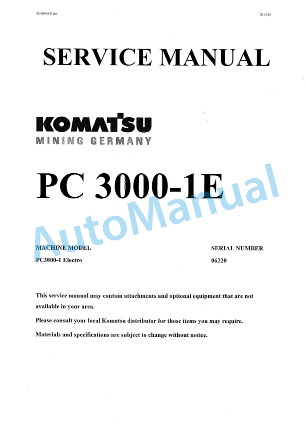 Komatsu PC3000-1E Hydraulic Mining Shovel Service Manual GZEBM06220