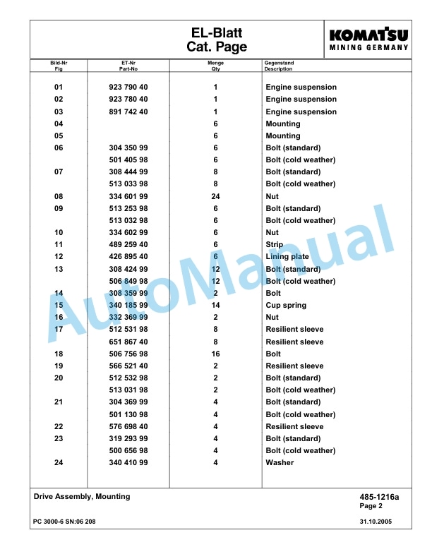 Komatsu PC3000-6 Hydraulic Mining Excavator Parts Manual G06208-2
