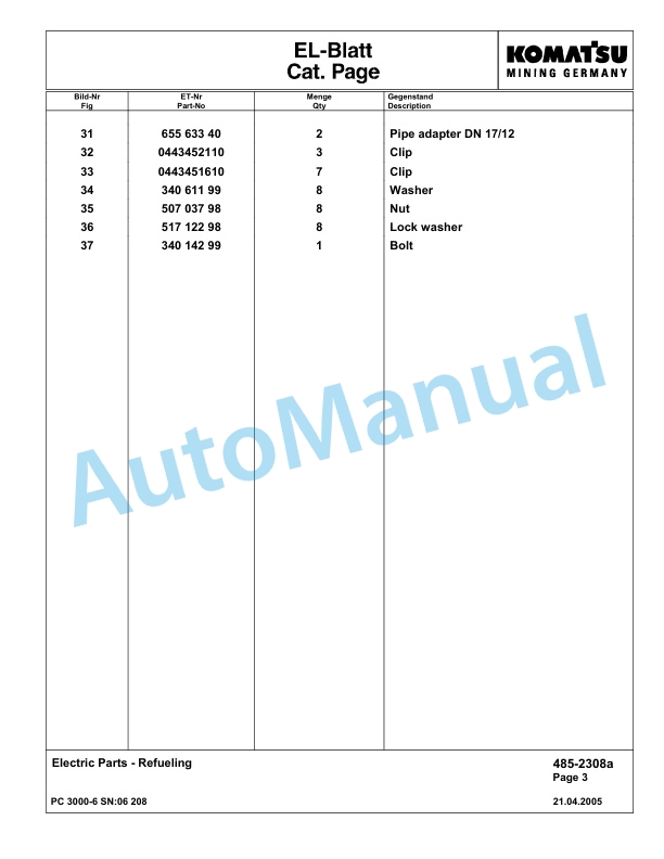 Komatsu PC3000-6 Hydraulic Mining Excavator Parts Manual G06208-4