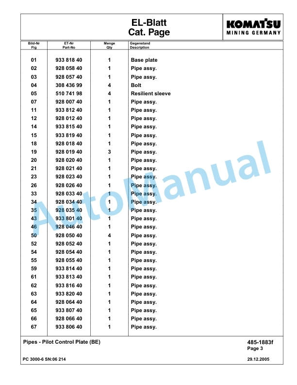 Komatsu PC3000-6 Hydraulic Mining Excavator Parts Manual G06214-3