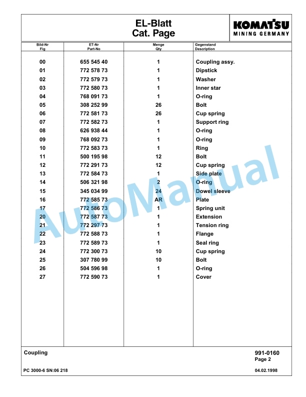 Komatsu PC3000-6 Hydraulic Mining Excavator Parts Manual G06218-5