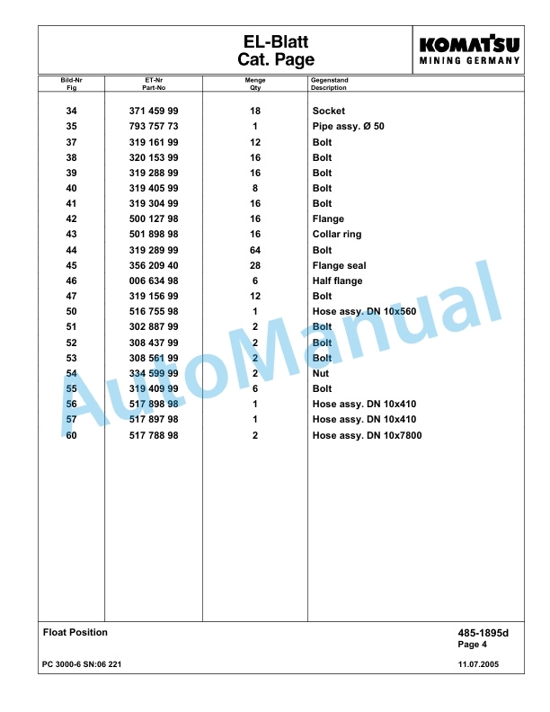 Komatsu PC3000-6 Hydraulic Mining Excavator Parts Manual G06221-3