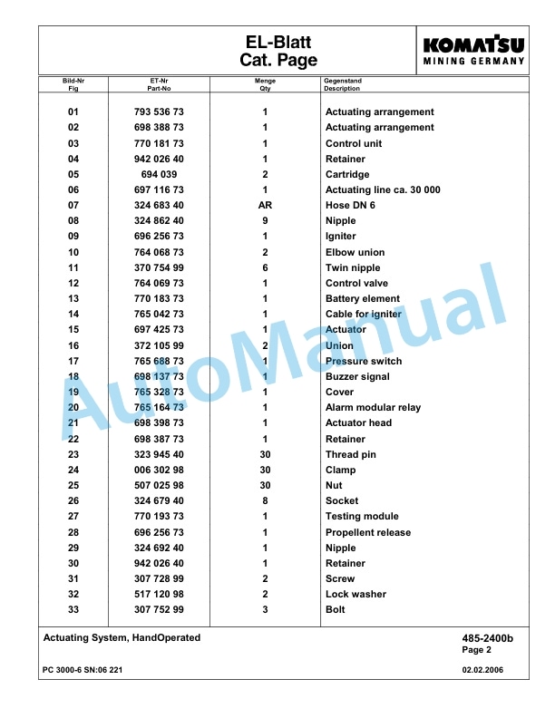 Komatsu PC3000-6 Hydraulic Mining Excavator Parts Manual G06221-4