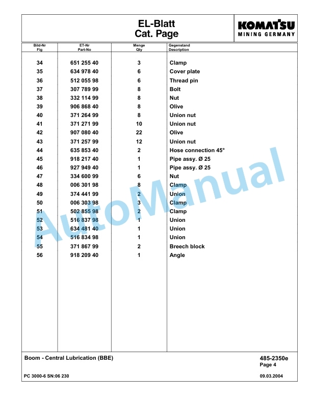 Komatsu PC3000-6 Hydraulic Mining Excavator Parts Manual G06230-4