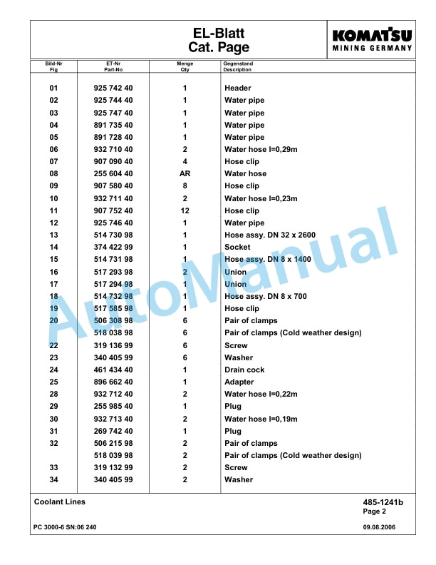 Komatsu PC3000-6 Hydraulic Mining Excavator Parts Manual G06240-2