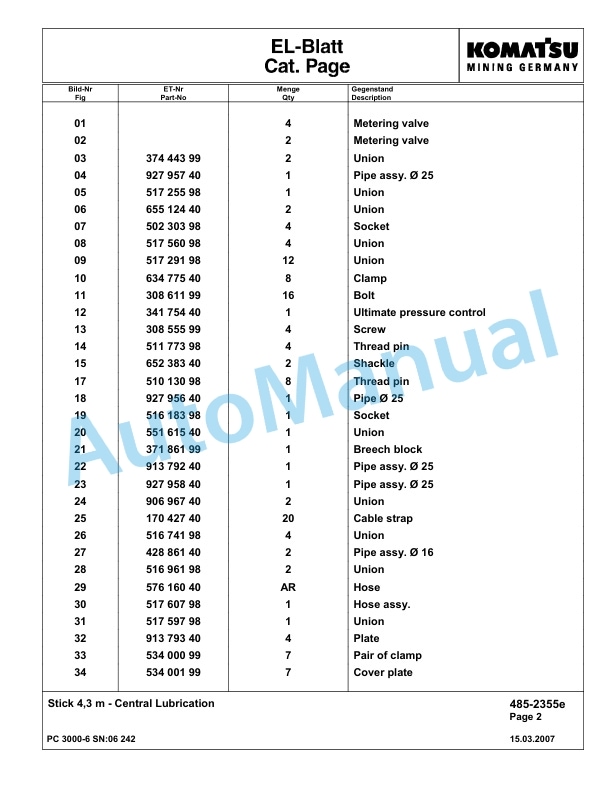 Komatsu PC3000-6 Hydraulic Mining Excavator Parts Manual G06242-4