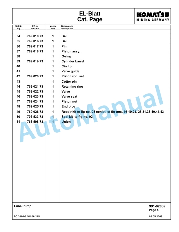 Komatsu PC3000-6 Hydraulic Mining Excavator Parts Manual G06245-5