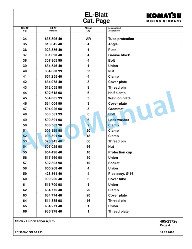 Komatsu PC3000-6 Hydraulic Mining Excavator Parts Manual G06253-4