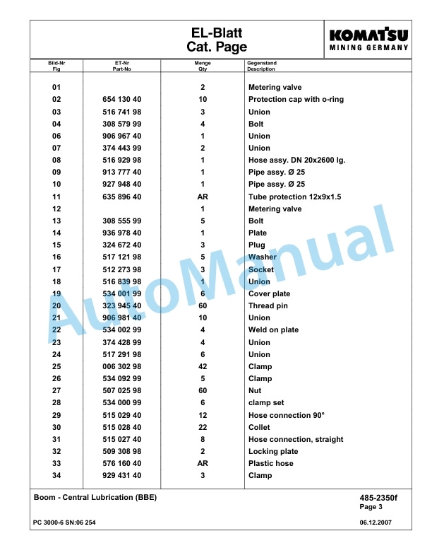 Komatsu PC3000-6 Hydraulic Mining Excavator Parts Manual G06254-4