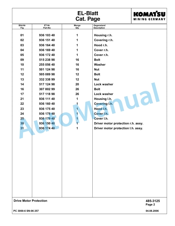 Komatsu PC3000-6 Hydraulic Mining Excavator Parts Manual G06257-4