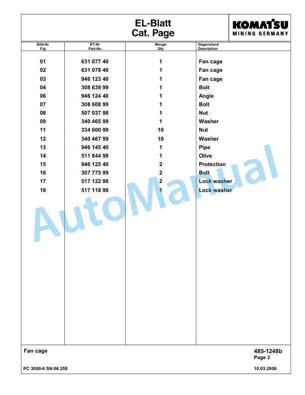 Komatsu PC3000-6 Hydraulic Mining Excavator Parts Manual G06259-2