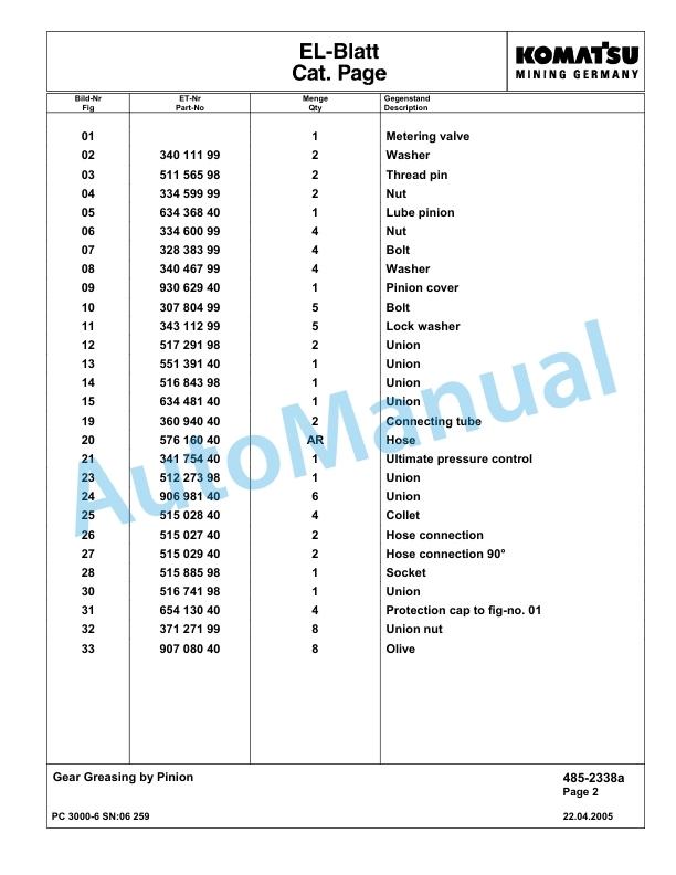 Komatsu PC3000-6 Hydraulic Mining Excavator Parts Manual G06259-4