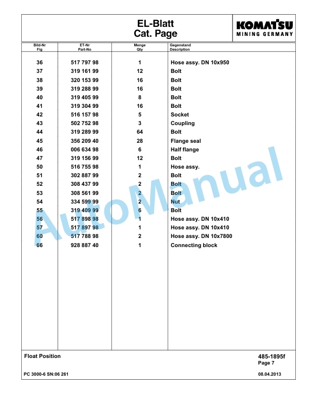 Komatsu PC3000-6 Hydraulic Mining Excavator Parts Manual G06261-3
