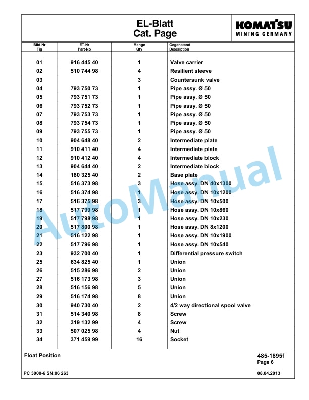 Komatsu PC3000-6 Hydraulic Mining Excavator Parts Manual G06263-3