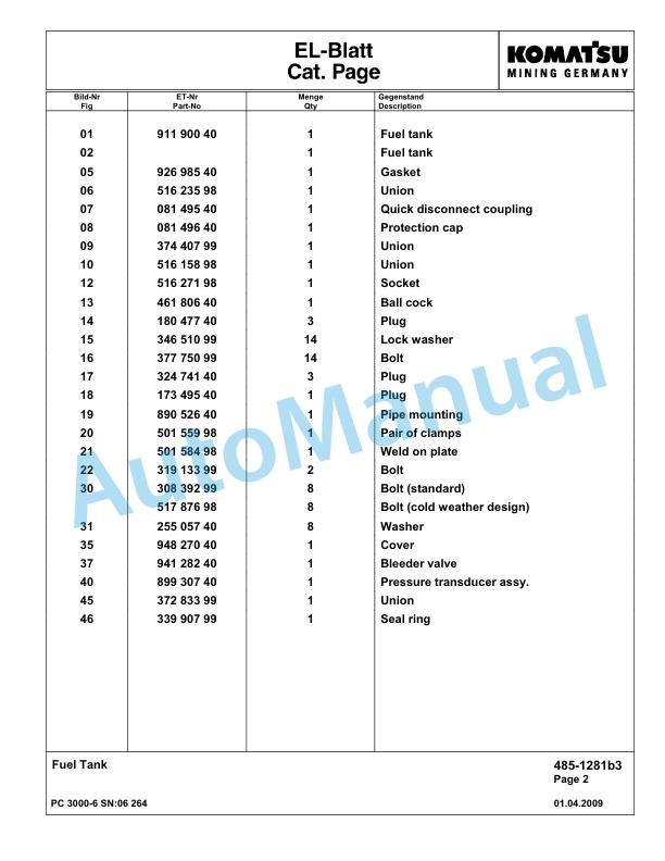 Komatsu PC3000-6 Hydraulic Mining Excavator Parts Manual G06264-2