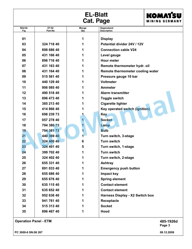Komatsu PC3000-6 Hydraulic Mining Excavator Parts Manual G06267-3