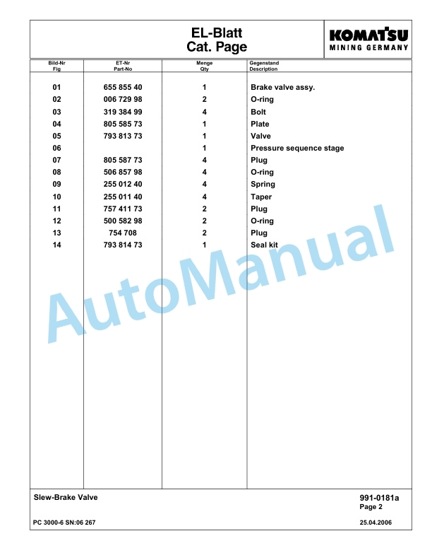 Komatsu PC3000-6 Hydraulic Mining Excavator Parts Manual G06267-5